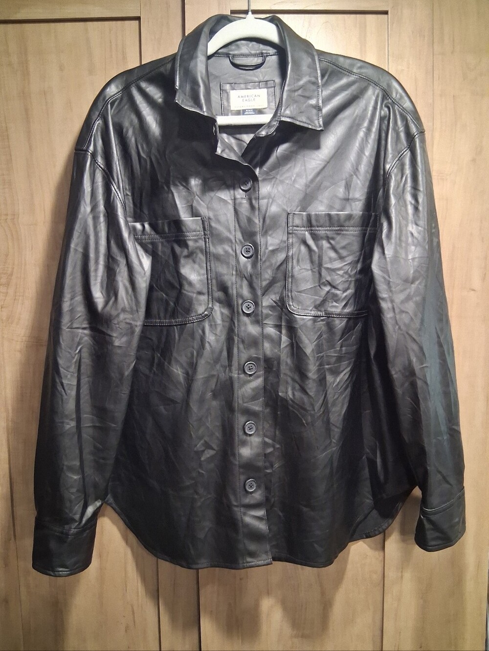 American Eagle Outfitters Black Faux Leather Button-Front Jacket